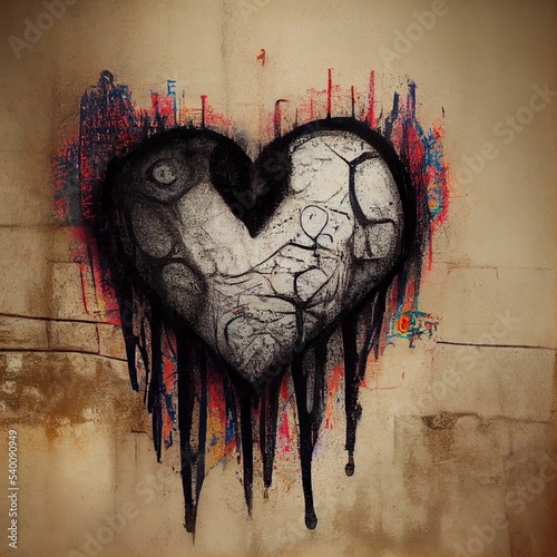 Hyper-realistic illustration of a graffiti of sad bleeding heart on brown wall photo