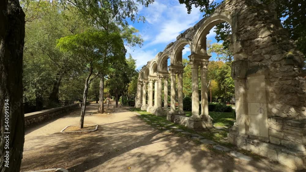Arches of Castilfale on the island park in Burgos. Romantic garden in Burgos, Castile and Leon, Spain. High quality 4k footage Arches of Castilfale on the island park in Burgos. Romantic garden in Burgos, Castile and Leon, Spain. High quality 4k footage