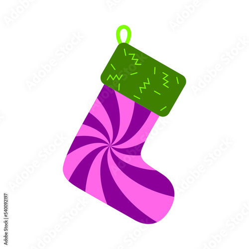 Empty christmas stocking isolated on white background. Decorative bright sock with groovy fur. Concept Merry Christmas and Happy New Year. Trendy y2k retro hippie hypnotic print. Vector illustration