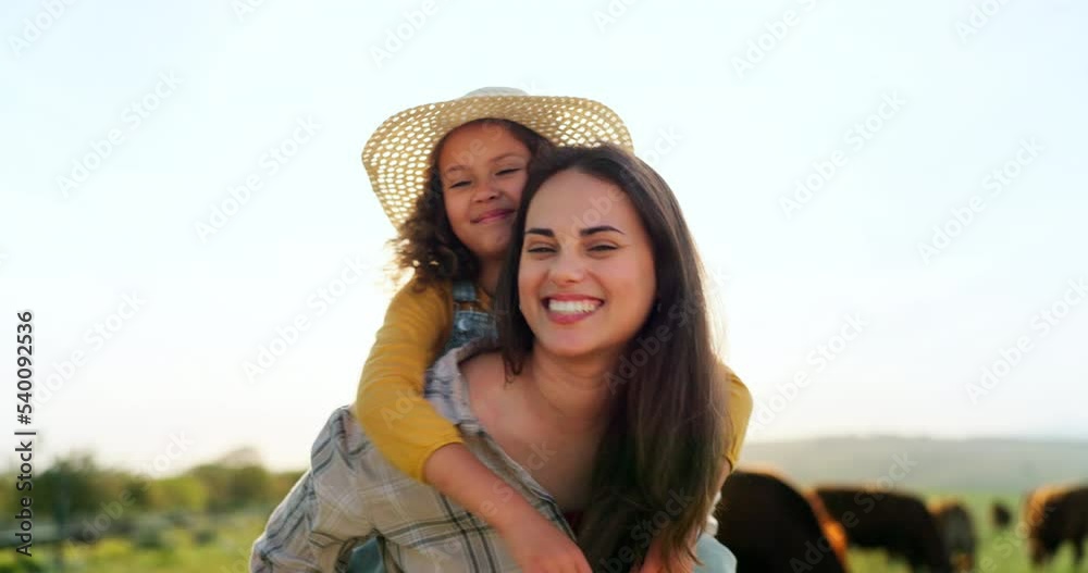 Mother, child on farm, hug and bonding in the countryside, together farming, mom piggy back kid with fun outdoor in nature. Happy, woman and girl, agriculture and field, sustainability and cattle.