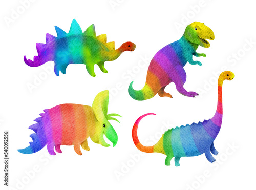 Dinosaurs in rainbows colors set. Adorable dino for kids . Watercolor childish collection  decorative bundle