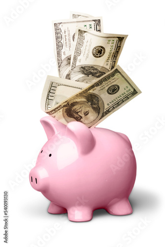 Piggy bank and banknotes isolated on white