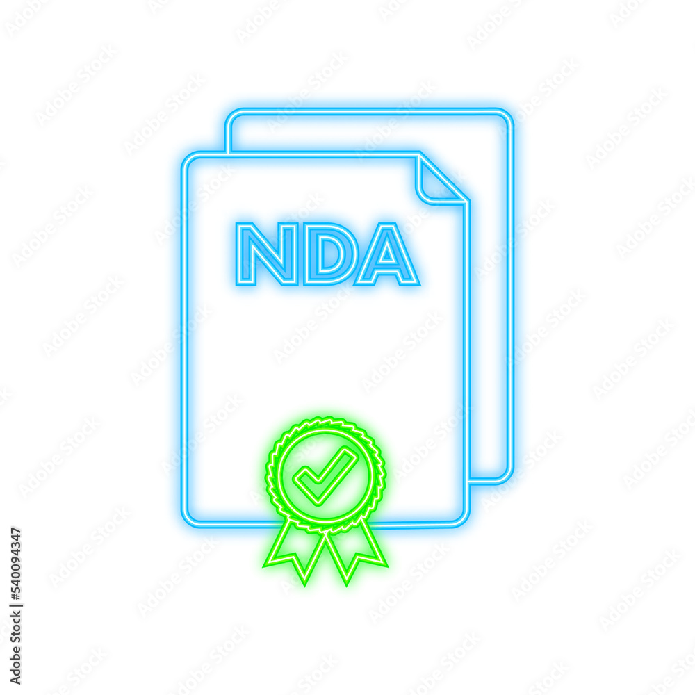 NDA Document neon icon, Non disclosure agreement, Privacy document. Vector stock illustration. NDA Document neon icon, Non disclosure agreement, Privacy document. Vector stock illustration.