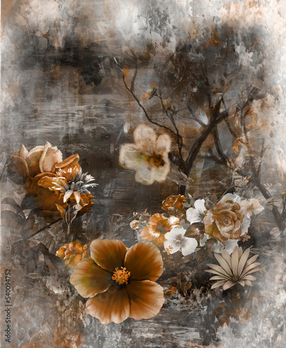 Abstract art colorful flowers  painting. Spring multicolored illustration.