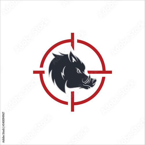 wild boar in gun scope crosshair sight and crossed hunting rifles