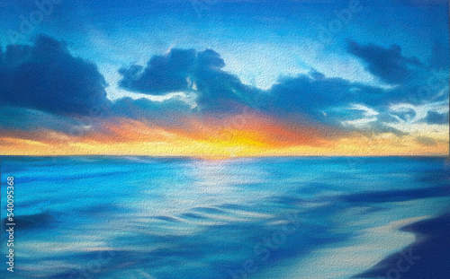 Watercolor landscape with sea and sunset