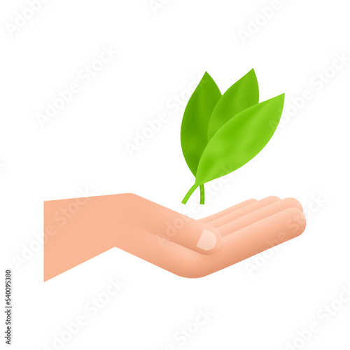 Hands hold a leaf of the plant, sapling. Male farmer, Gardening. Vector stock illustration.