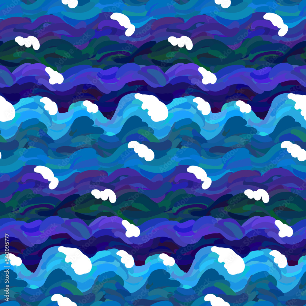 Sea waves seamless pattern. Waves with whitecaps. Blue wavy stripes. Painting imitation