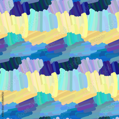Abstract colorful seamless pattern. Violet, turquoise, yellow, blue scribbled blobs. Bright hand drawn multicolor painting imitation