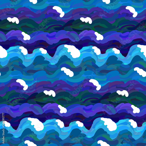 Sea waves seamless pattern. Waves with whitecaps. Blue wavy stripes. Painting imitation