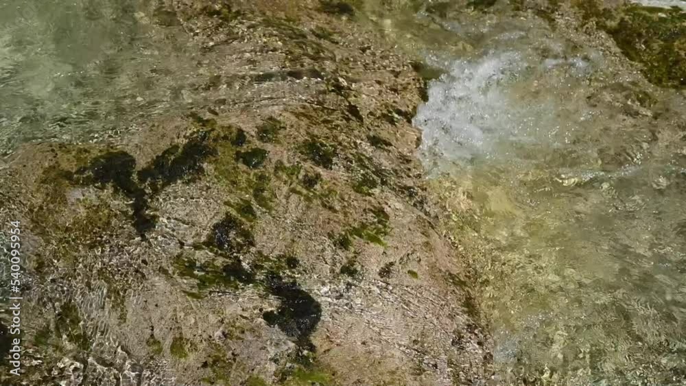 Clear water flows over mossy rocks in summer (slow motion) Clear water flows over mossy rocks in summer (slow motion)
