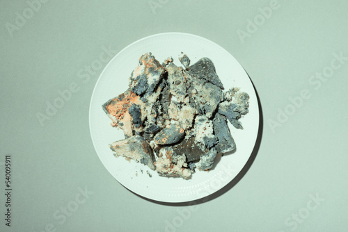 Moldy crumbled bread on a white plate on a green background top view