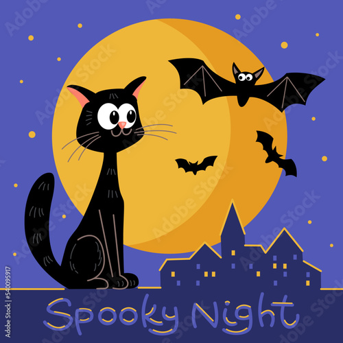 A black cat looks at a bat against the full moon. Vector color illustration with lettering.