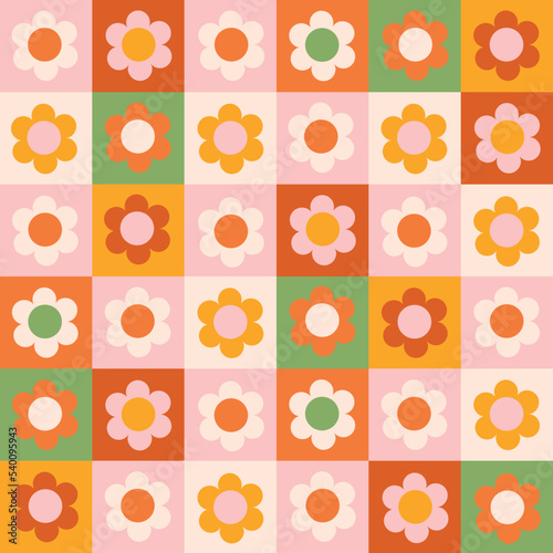 70s retro seamless pattern with hippie groovy flowers. Naive flower on checkerboard background.  Vintage vector for fabric, wallpaper, packaging or wrapping paper.