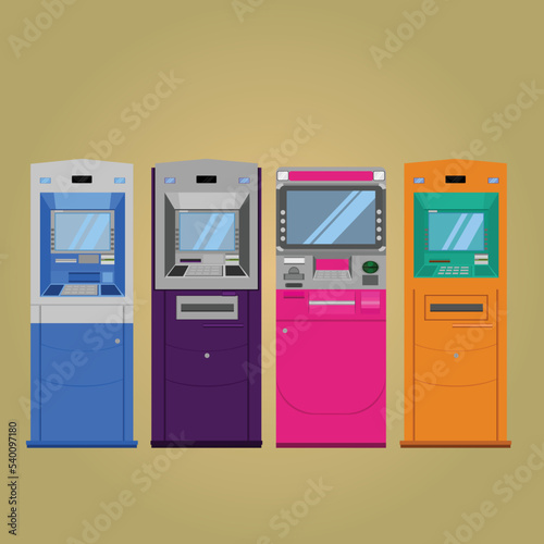 Row of colorful ATM machines on a beige background