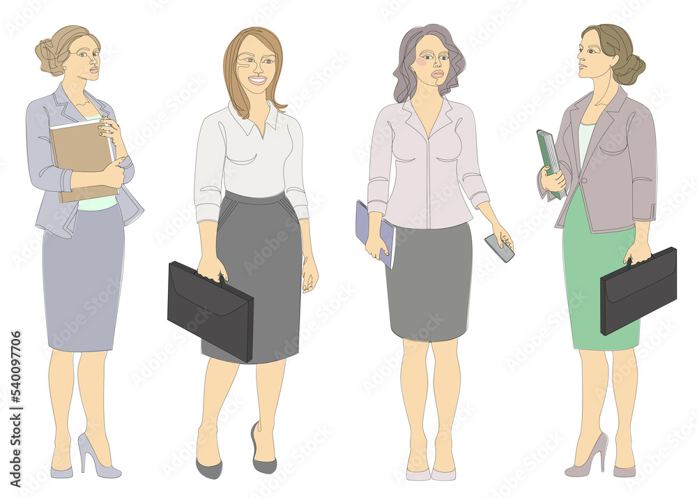 Collection. Silhouettes of a girl are standing in a modern single line style. Business woman with documents. Continuous line, aesthetic design outline, posters, stickers, logo. Vector illustration set