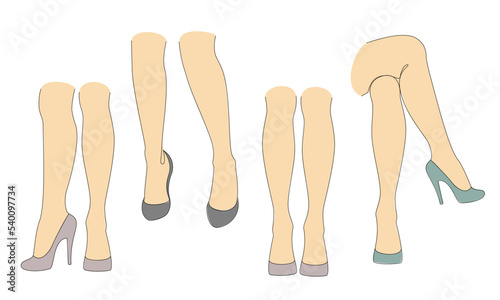 Collection. Silhouettes of female legs. Girl in high heels. Lady standing, suitable for sticker, logo. Well-groomed legs, beautiful silky skin. Vector illustration set.