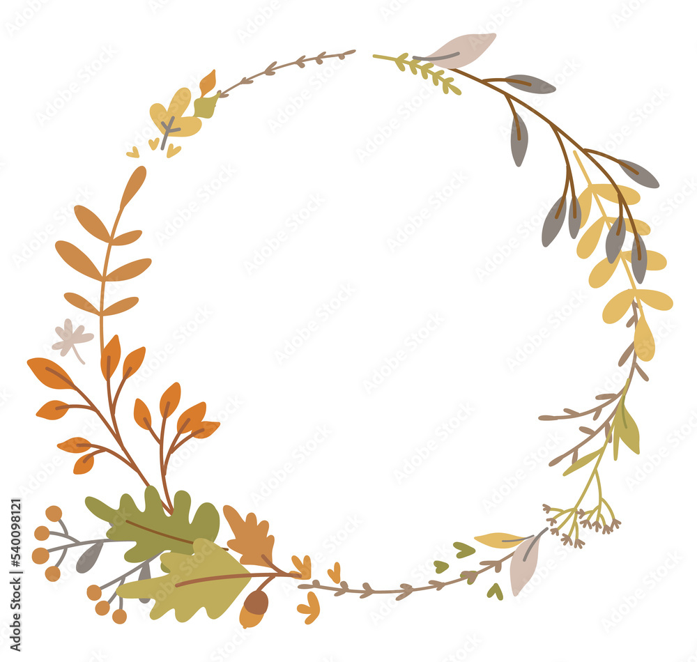Autumn wreath. Fall. Hand drawn leaves, plants, branches. Good for Thanksgiving greeting cards, invitations, flyers and other graphic design Autumn wreath. Fall. Hand drawn leaves, plants, branches. Good for Thanksgiving greeting cards, invitations, flyers and other graphic design