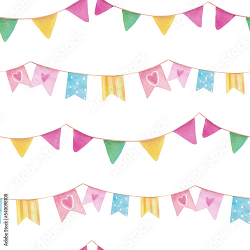 Soft watercolor festive seamless pattern with flags and garlands. Gentle pastel elements