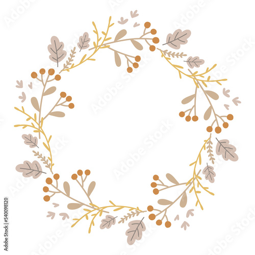 Autumn wreath. Fall. Hand drawn leaves, plants, branches. Good for Thanksgiving greeting cards, invitations, flyers and other graphic design