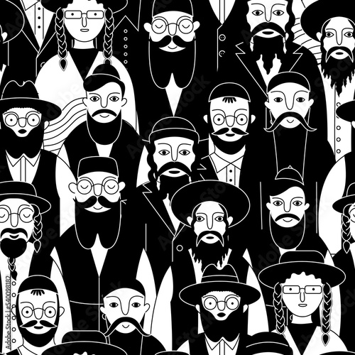 Seamless pattern with Jews characters in kippah, tefillin, fedora, and homburg. Vector illustration for banners, placards, and web design.