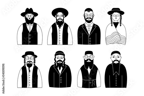 Jews characters in kippah, tefillin, fedora, and homburg. Set of Israel people are isolated on white background. Vector illustration for banners, placards, and web design.