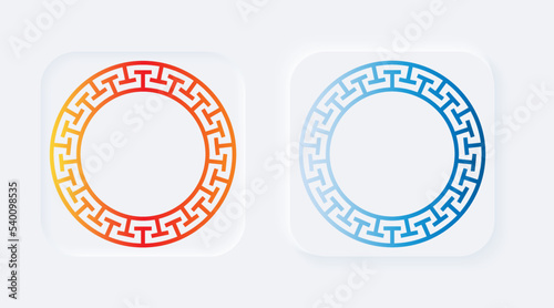 Bright white gradient square buttons with greek ornament. Ethnic greece maze frame. Neumorphic effect icons. Shaped figure in trendy soft 3D style. Circle meander antique ring