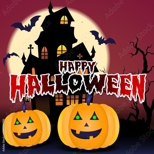 Halloween. Happy Halloween Fantasy Illustration with Halloween pumpkin  trees  house  moon on the background of old haunted home  Bats
