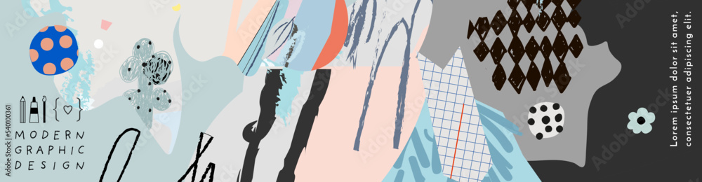 Fototapeta premium Creative art header with different shapes and textures. Collage. Vector