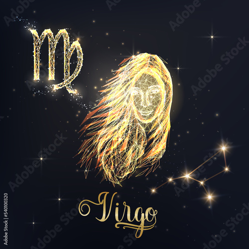 Gold Virgo zodiac sign poster with girl face zodiac figure, symbol glyphs, constellation and name