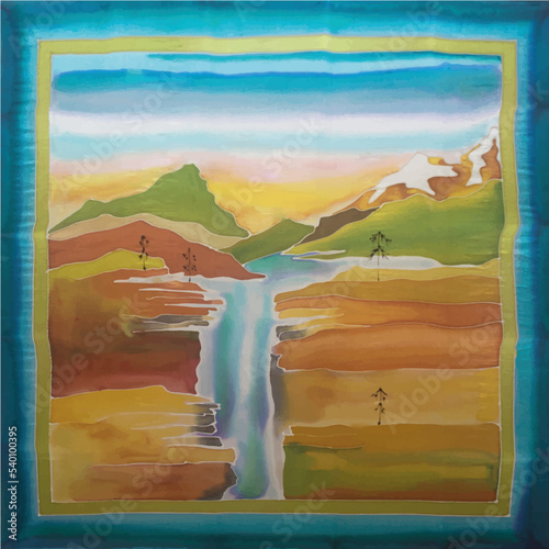 Ilustración de cascada con marco decorativo, pintado a mano en pañuelo de seda, paisaje, salto de agua, río, árbol y montañas nevadas.