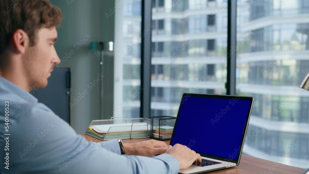 Closeup businessman using chroma key laptop. Boss working mockup screen computer Closeup businessman using chroma key laptop. Boss working mockup screen computer