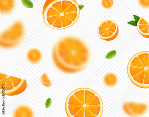 Refreshing orange background. Juicy oranges with green leaves falling with unfocused slices.. Flying fruit Vector
