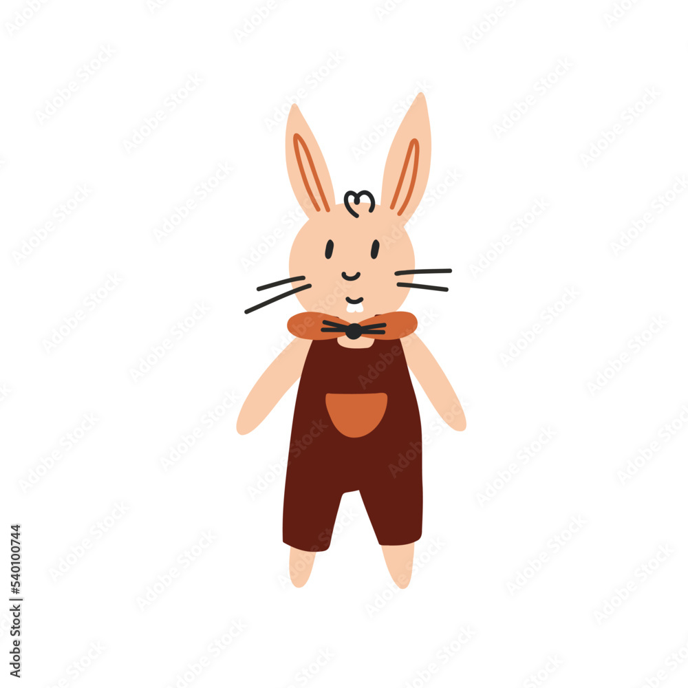 Obraz premium Boho Soft toy bunny in overalls. Boho Baby Nursery Scandinavian Neutral Decor Element. Baby Shower Minimalist Clipart for Newborn
