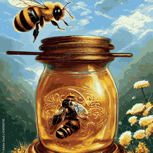 A set of honey. Vector illustration in a flat style. Bee, honeycomb, wooden honey bucket, glass jar full of honey. Organic and natural product.