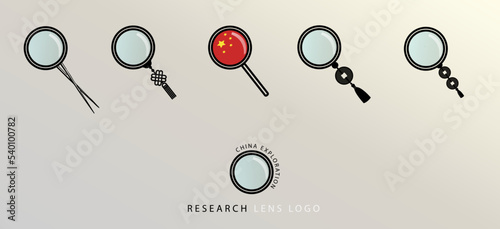 Magnifying glass logo with chinese handle. Set of magnifying glass icons, vector symbol: china search concept.