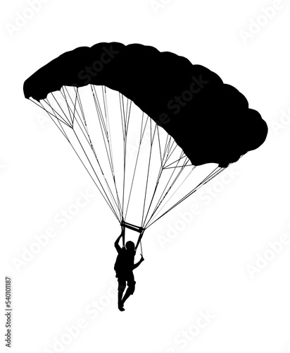 Side profile silhouette of sky diver with open parachute photo