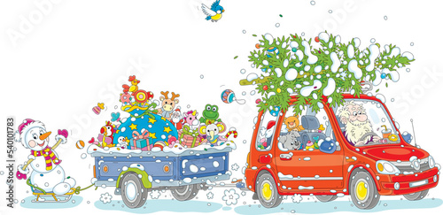 Happy Santa Claus driving his small red car with a snowy Christmas tree and a trailer full of holiday gifts, sweets and funny toys, vector cartoon illustration on a white background