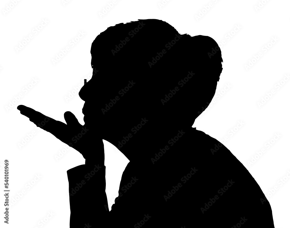 Side profile portrait silhouette of elderly lady blowing kiss