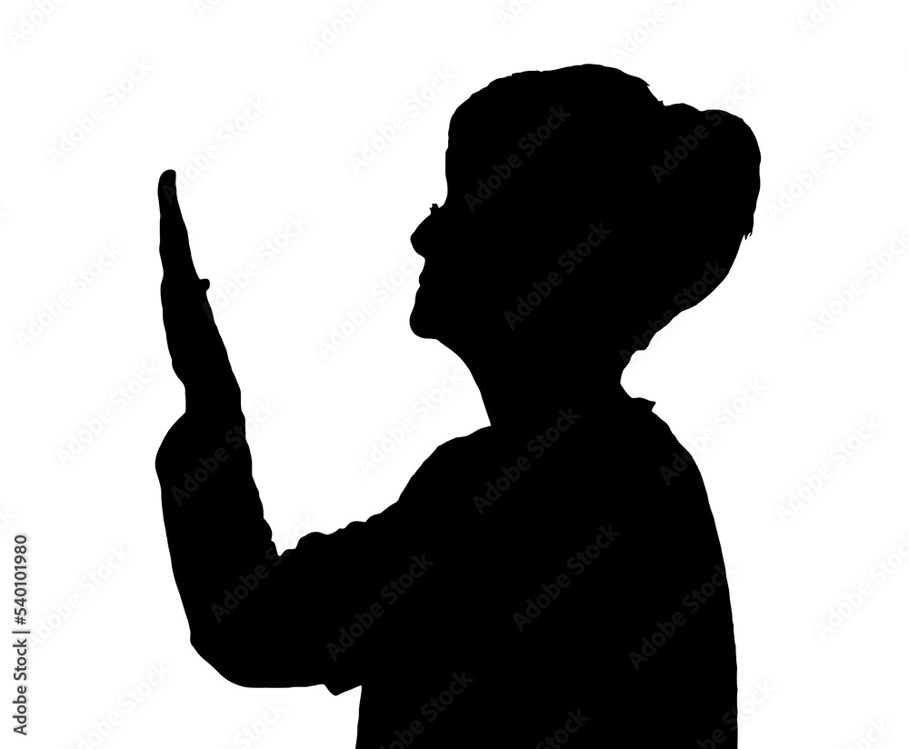 Side profile portrait silhouette of elderly lady checking condition of nails