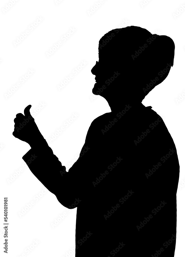 Side profile portrait silhouette of happy elderly lady showing thumbs up