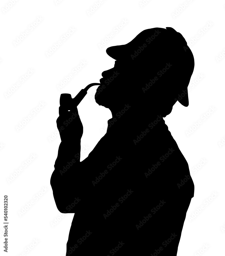 Silhouette of bearded man smoking pipe with Sherlock hat looking up