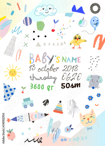 Cute birth poster. Newborn metric. Vector 