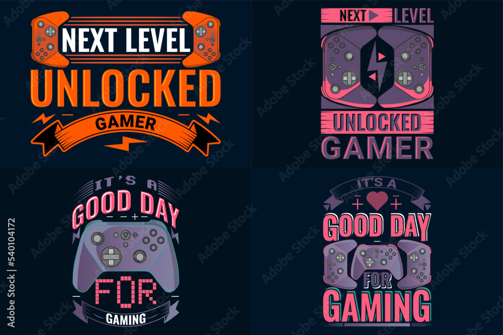 collection of Four Gaming T-shirt Design, Gamer T-shirt Design SET