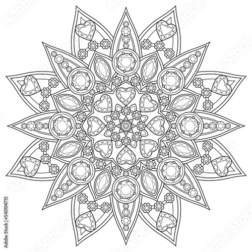 Mandala with gems.Coloring book antistress for children and adults. Illustration isolated on white background.Zen-tangle style. Hand draw