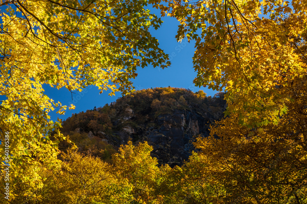 Fototapeta premium View through a frame of leaves towards the rocky summit of Smugglers Notch in the fall near Stowe, Vermont