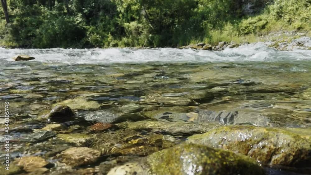 Powerful water flow of a mountain clear river close-up. Slow motion video. High quality 4k footage