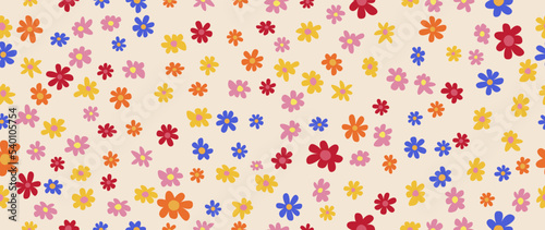 Vector flat illustration. Seamless pattern. Drawing with small scattered flowers. Elegant floral background. Suitable for designing fashion prints, seamless wallpaper, textiles, packaging.