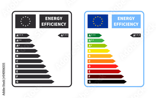 European energy efficiency badges. Energy efficiency and rating chart. Vector illustration