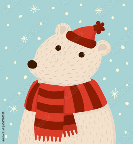Cute New Year's illustration with a polar bear in a hat. The illustration is made in the style of flat art, the design is suitable for a New Year's card. Delicate pastel colors of blue and red